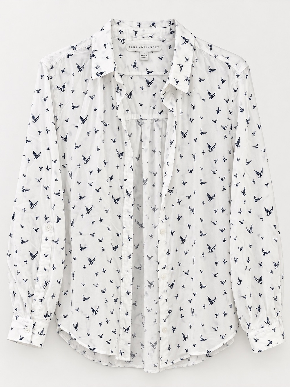 Jane + Delancey XL White Navy Bird Print Button-Up Shirt Blouse